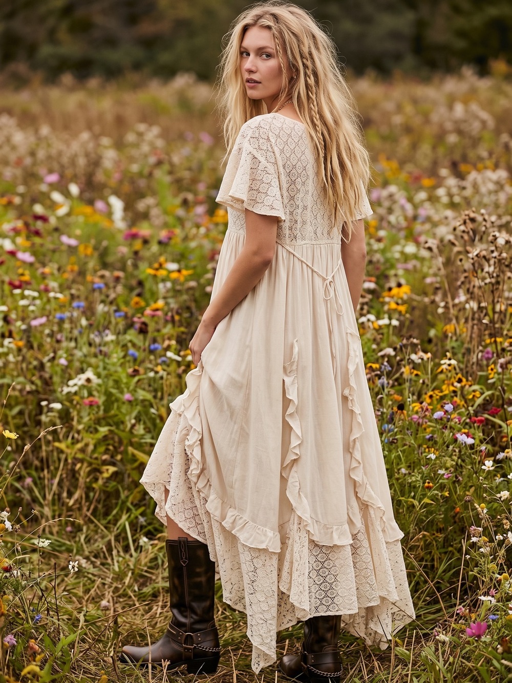 Free People Ethereal Bohemian Bring The Romance Midi Maxi Dress Neutral Large
